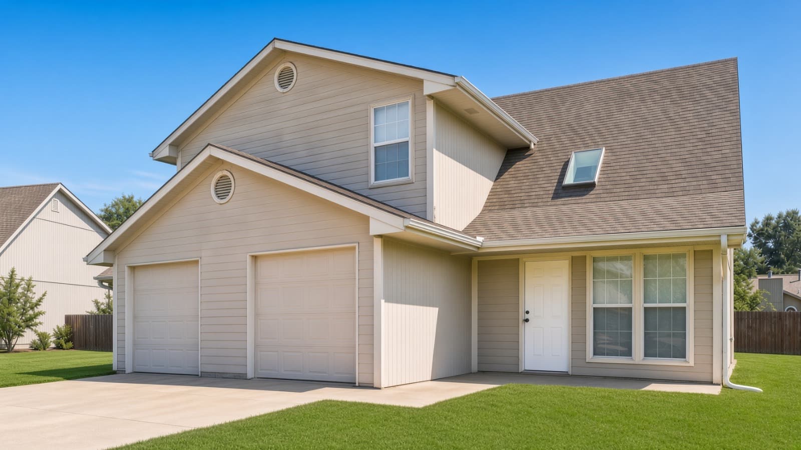 Two-storey single-family home with an attached double garage, front lawn and driveway